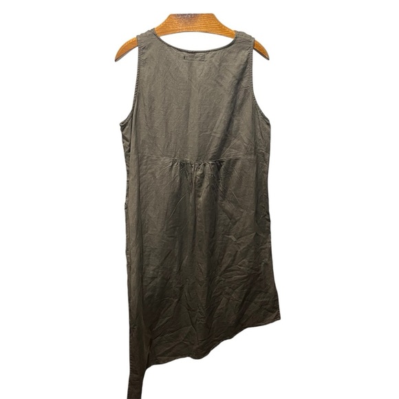 GUDRUN SJODEN ~ Olive Green Linen Tank Dress with Asymmetric Hem - Picture 9 of 11